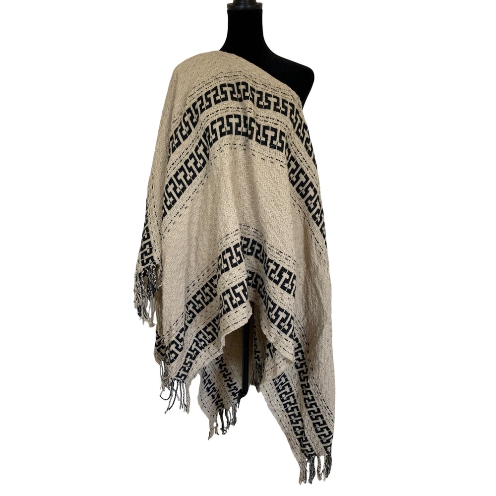 Free People Kennedy Key Oversized Knit Poncho Fringe Wrap Beige Black One Size